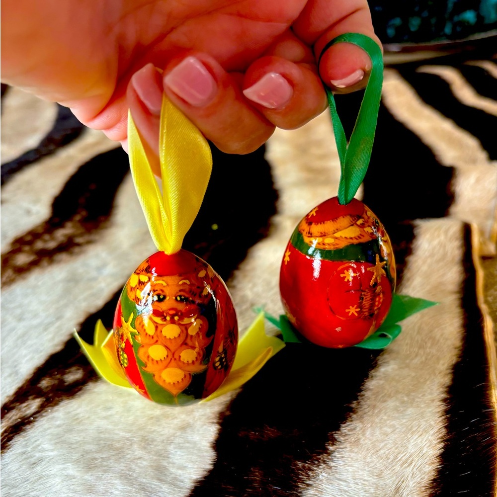 Russian hand painted egg ornaments. Bundle of 2. With ribbons. Wooden
